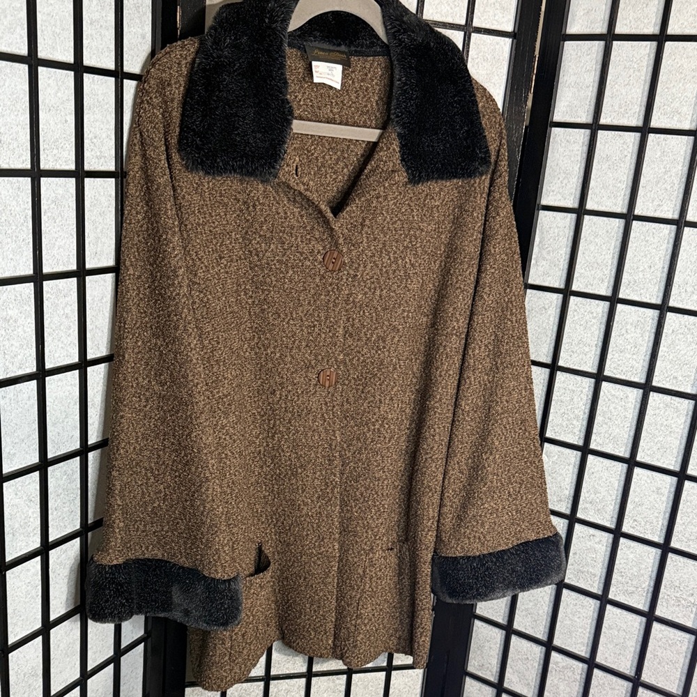 Vintage Linea Bosh Brown/Black Swing Coat with Faux Fur Trim, SZ: XL